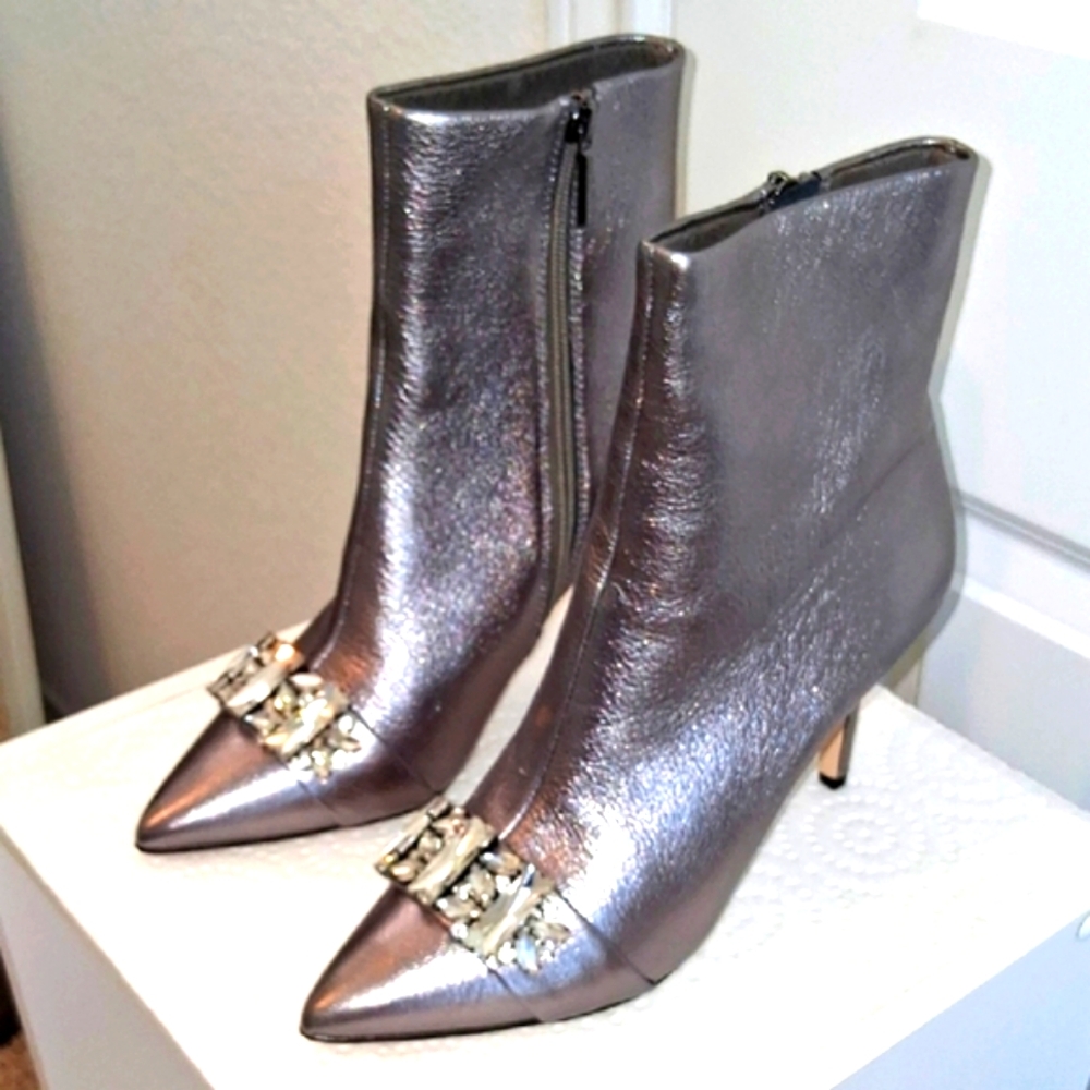 Leather Silver Ankle Boots with Crystals